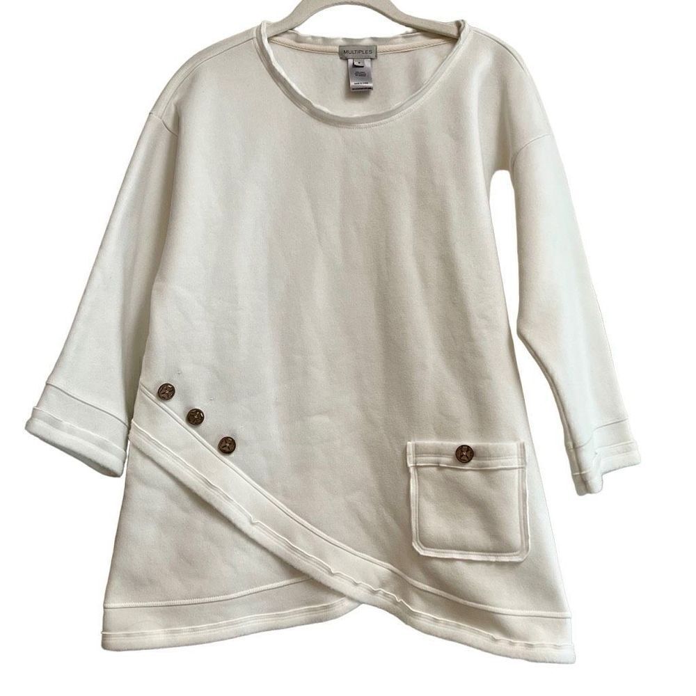 Multiples Women’s White Sweatshirt Front Pocket Buttons 8